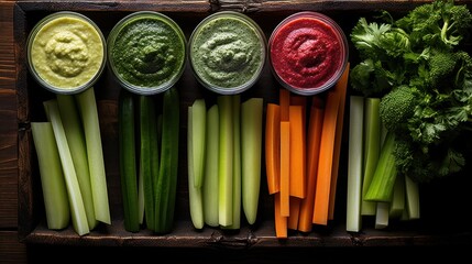 Colorful vegetable platter with assorted dips