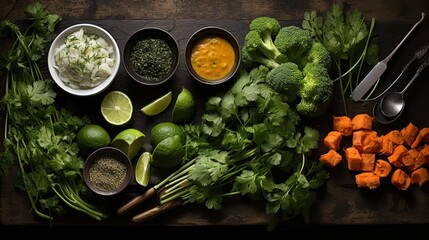 Fresh ingredients on a dark wooden board