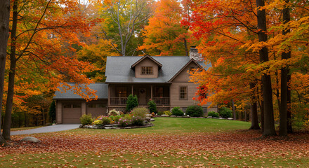 Obraz premium A home surrounded by a vibrant autumn forest