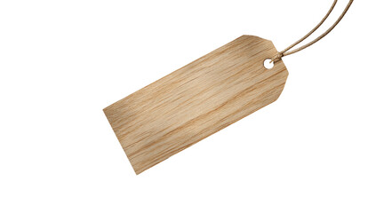A light brown wooden price tag hangs from two thin cords