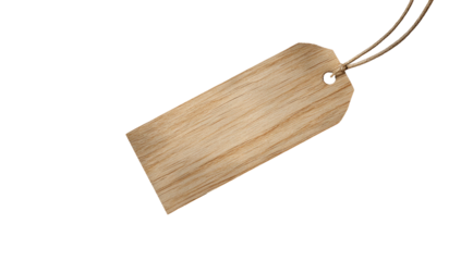 A light brown wooden price tag hangs from two thin cords