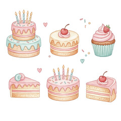set of collection birthday cake, cake slice watercolor element