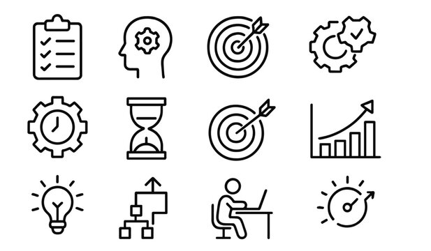 Creative design of productivity icons representing planning, focus, and growth in a modern work environment