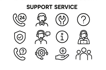Support service icons showing various aspects of customer assistance and availability