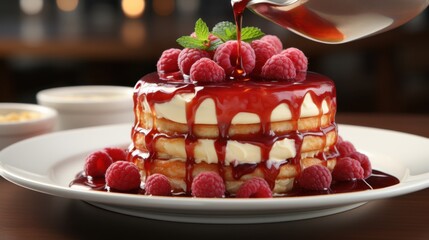 Raspberry cake being drizzled with sauce
