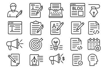 Various writing and blogging icons representing creativity and communication in digital content creation