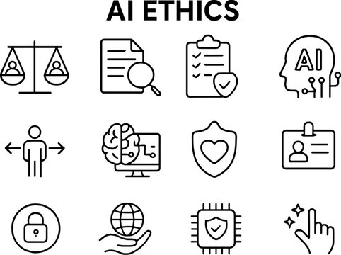 Exploring key concepts of AI ethics with icons representing fairness, transparency, and accountability in technology