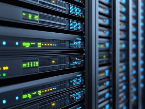 A close-up view of multiple dark server racks within a data center, featuring numerous blinking green, yellow, and blue indicator lights.