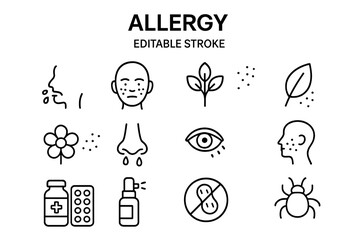 Various allergen icons and symptoms illustrated in simple line art style for health awareness