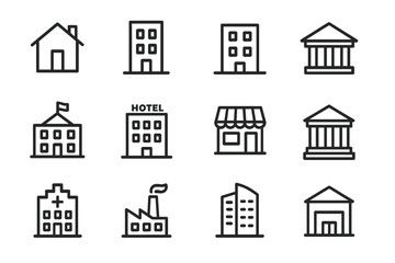Collection of simple line icons representing different types of buildings and structures for design purposes