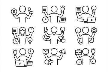 Creative icons representing various work activities and time management strategies in a modern office setting