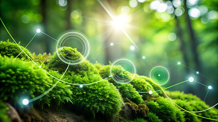 Green forest ecosystem with digital network connections and glowing lights