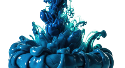 Vibrant deep blue and teal inks with a glossy finish, flowing in intricate swirls and feathered patterns on a transparent background with copy space, abstract art concept