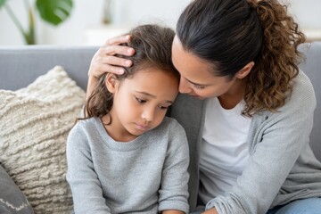 A caring mother figure gently comforts a sad young girl, offering support and empathy in a tender moment indoors.