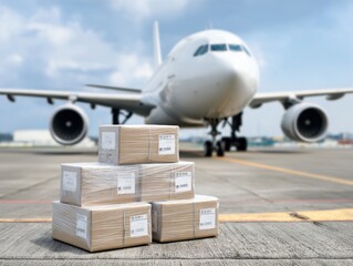 Stacked cardboard shipping boxes on an airport tarmac, with a blurred white airplane in the background, symbolizing air transport.