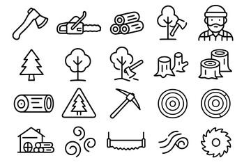 Forest tools and activities displayed in a simple icon style showcasing lumber industry essentials