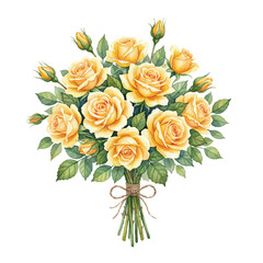 Fototapeta premium Floral Watercolor Illustration of Yellow Roses and Green Leaves