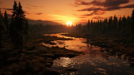 Golden sunset reflected over a tranquil river