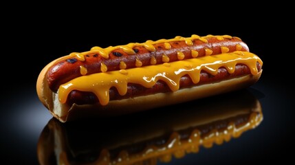 Delicious cheesy hotdog on dark background