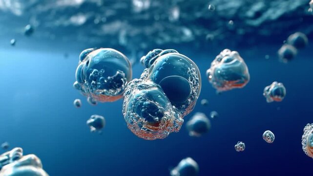 Microcosmic Bubbles: Dive into a mesmerizing underwater scene, where crystalline bubbles dance amidst shades of blue, inviting contemplation and wonder.