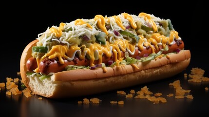 Delicious loaded hot dog against black