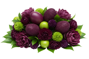 Elegant centerpiece with purple roses, green apples, and decorative eggs isolated on transparent background