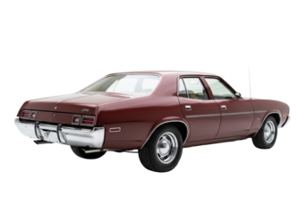 Maroon vintage 1970s muscle car, boxy, chrome hubcaps, whitewall tires, rear 3/4 view, isolated on transparent studio background with copy space, nostalgic automotive heritage concept