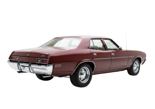 Maroon vintage 1970s muscle car, boxy, chrome hubcaps, whitewall tires, rear 3/4 view, isolated on transparent studio background with copy space, nostalgic automotive heritage concept