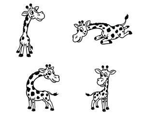 Four adorable cartoon giraffes in different playful poses and styles on a white background for childrens designs