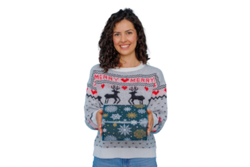 Young woman wearing a christmas sweater and smiling, presenting a holiday gift, isolated with a transparent background