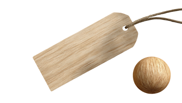 Wooden tag and ball, light beige/tan color