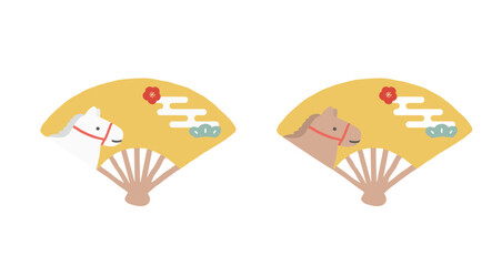 年賀状素材セット/午年のシンプルな扇子のイラスト/和柄の金色の扇子
