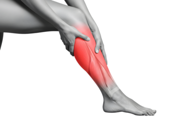 Woman holding her injured calf muscle with highlighted pain area isolated on transparent background