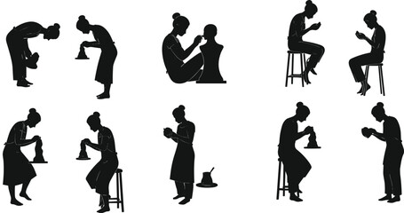 Pottery making silhouettes, artisan crafting, clay shaping, pottery wheel, handmade ceramics, creative hobby, human posture, lifestyle art, workshop, craft illustration
