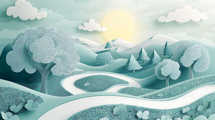 Serene Paper Cutout Landscape A Tranquil Scene of Rolling Hills, Trees, and a Winding Path on a Bright Day