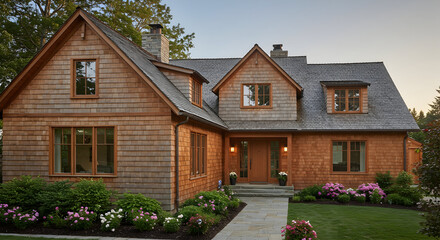A home with a facade of natural, untreated cedar shingles