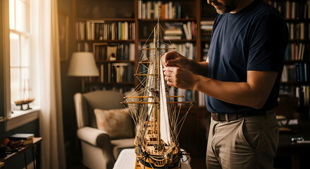 Fototapeta premium Man meticulously crafting a detailed ship model in a cozy study.
