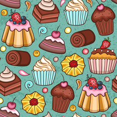 A seamless pattern of cartoonstyle pastries and candies on a textured teal background