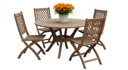 Outdoor wooden patio set with round table and four chairs, isolated on transparent background, perfect for dining