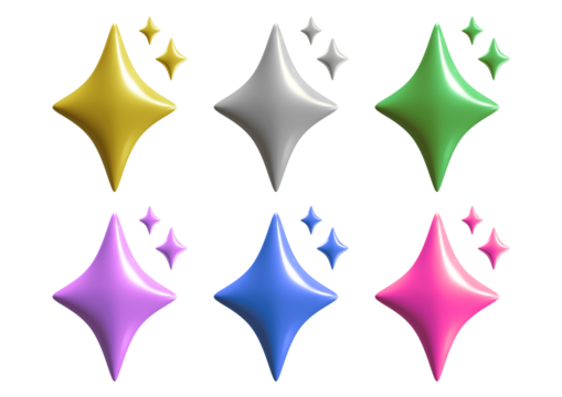 Colorful 3d star shapes isolated on transparent background
