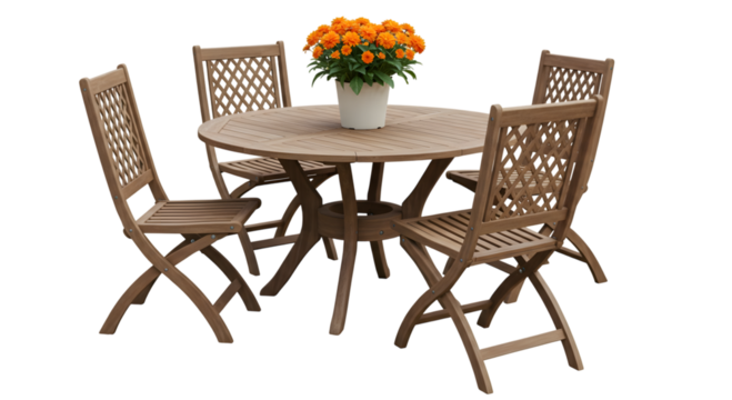 Outdoor wooden patio set with round table and four chairs, isolated on transparent background, perfect for dining