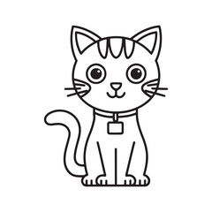 Obraz premium Cute Sitting Kitten Cat Outline Drawing with Collar, Tag, and Striped Head: Simple Vector Line Art Illustration of a Friendly Domestic Pet for Kids