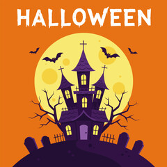 A scary castle silhoutte in the halloween night, orange and purple design