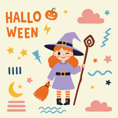 A funny vector cartoon illustration of achalloween with a little witch character, celebrating in autumn night