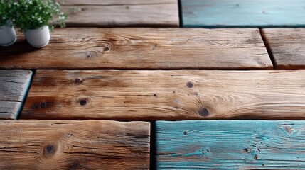 Fototapeta premium Distressed Wooden Planks in Rustic Blue and Brown with Plant Accents Cinematic HDR Style