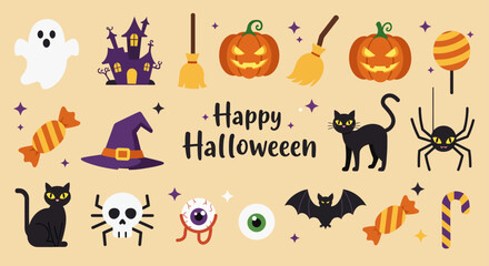 The spooky cartoon set of Halloween elements features a pumpkin, ghost, bat, cat, and witch hat for celebration design on a black night
