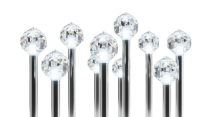 A minimalist grove of slender, polished chrome pillars topped with iridescent crystalline canopies casting soft light, isolated on transparent background with copy space, serene technological elegance