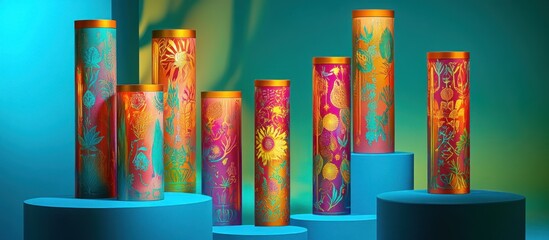 Naklejka premium Assortment of cylindrical decorative objects with vibrant floral patterns on blue pedestals