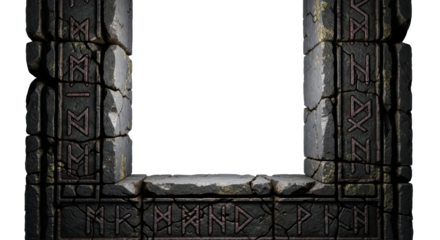 Majestic, u-shaped ancient border frame of weathered dark grey basaltic stone, deeply textured with runic symbols, against a transparent background with copy space. Concept of ancient lore and mystery