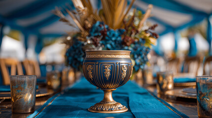 Ornate blue centerpiece bowl with dried flowers on festive table